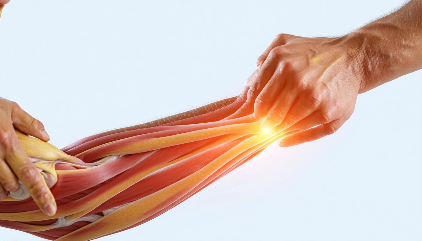 A person massaging their forearm, highlighting the