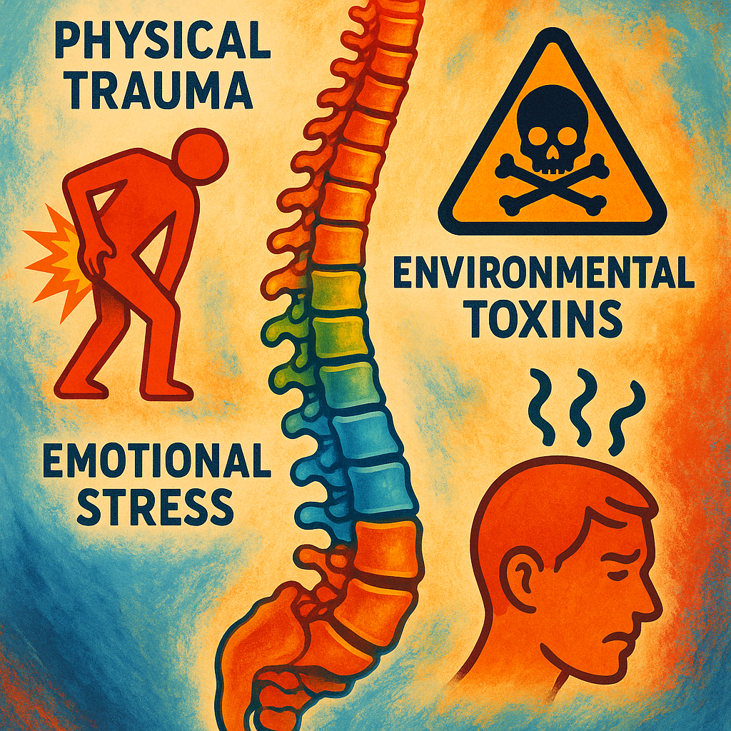 A vibrant illustration showing the human spine ove